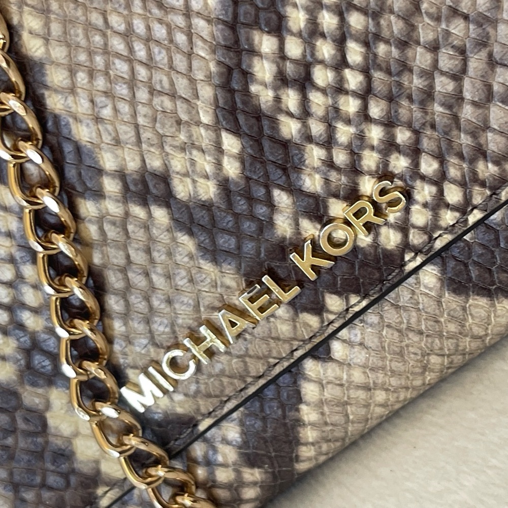 Michael Kors Snake-Print Chain Clutch in Taupe and Beige - Picture 2 of 9